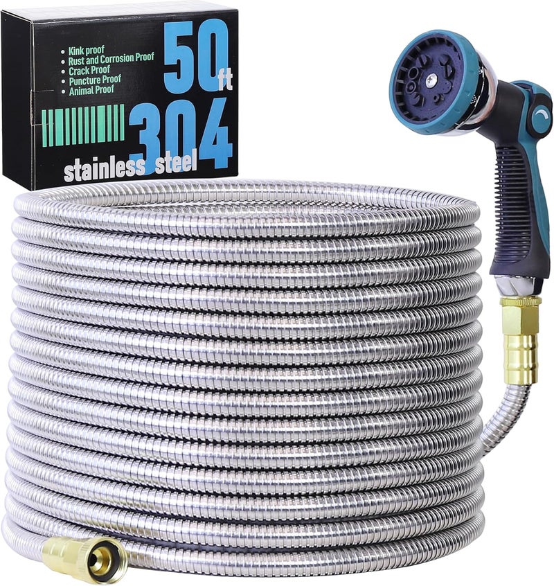 Numwot 50FT Garden Hose, 304 Stainless Steel Water Hose, Flexible with a 10-Mode Nozzle Sprayer, No Kink, Lightweight, Puncture Proof, Ideal for Yard, Lawn, Outdoor, 5/8" Outside Diameter - Image 1